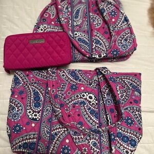 Vera Bradley Pink and Blue Paisley Travel Bag Set